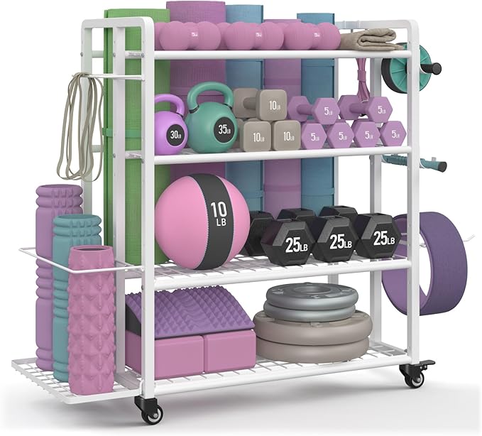 4-Tier Dumbbell Rack Stand Only, Adjustable Weight Rack for Dumbbells Kettlebells Yoga Mat, Home Gym Storage Rack with Wheels and Hooks, Powder Coated Finish