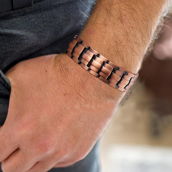 MagEnergy Mens Copper Magnetic Bracelets, 99.9% Pure Copper Bracelet with Double-Row Strength Magnets, Adjustable Jewelry with Sizing Tool