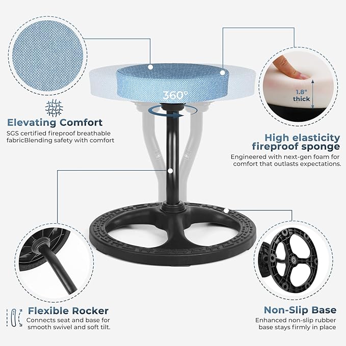 ADHD Chair for Kids, Yoga Chairs for Adults, Wobble Stool Active Flexible Seating Desk Chair with Non-Slip Base and Washable Seat Cover for Stability, Balance, Yoga, Office, School, Classroom
