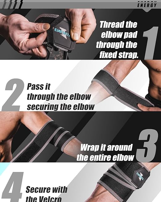 kcross Elbow Wraps for Weightlifting, 47" Strengthening support Elbow Sleeve Weightlifting (1 Pair) for Powerlifting, Bench Press, Gym Workout (Gray)