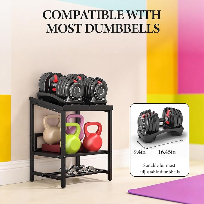 Adjustable Dumbbell Weight Rack Heavy Duty, 3 Tier Adjustable Dumbbell Stand 660LB Loading, Commercial Kettlebell Storage with Non-Slip Padded, Metal Kettlebell Stand for Home Gym Garage(Rack Only)