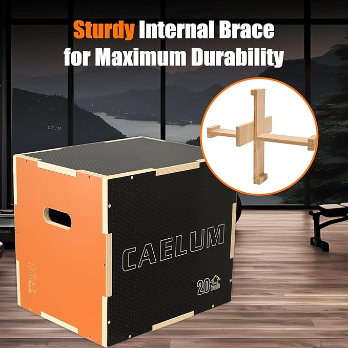 CAELUM 3-in-1 Wood Plyo Box - Non-Slip Plyometric Jump Box for Home & Gym, 400lbs Bearing Fitness Launch Box for Jumping Squats Step-ups Strength Training