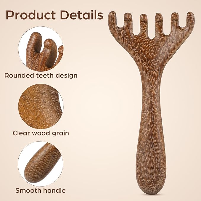 Wooden Foot Massage Rake with Handle - 5.7in Manual Deer Antler Massager Tool 6 Claw Sandalwood Wide Tooth Comb for Scalp Feet Family Travel Acupressure Blood Circulation Fatigue Relief
