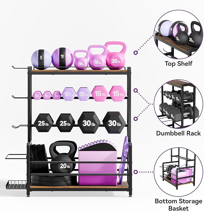 Gym Home Equipment Weight Rack – 3‑Tier Workout Storage Stand for Dumbbells & Kettlebells, Medicine Ball Holder, Steel Organizer with Side Basket, Hooks