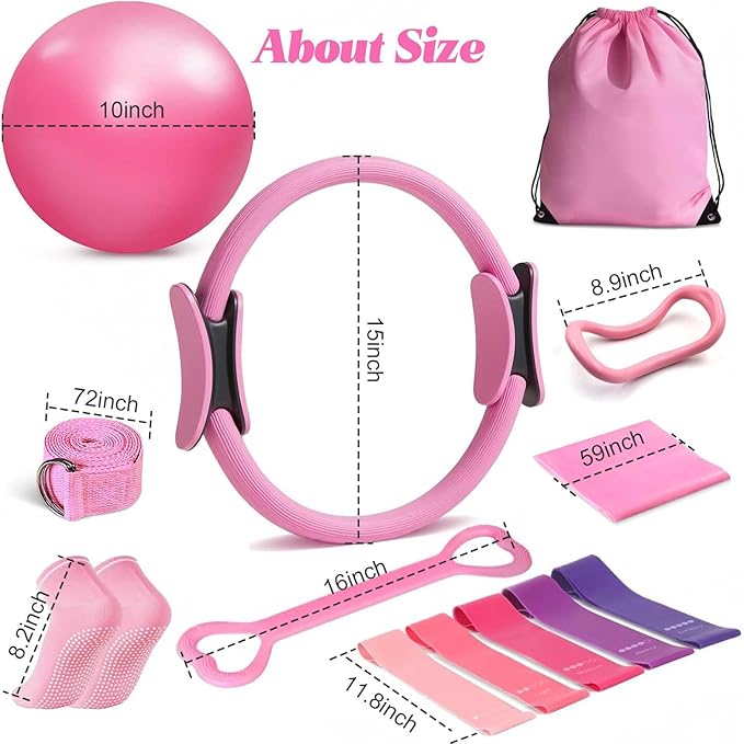 Pilates Ring Essentials Kit for Women，Home Pilates Kit with 9.8” Pilates Balls, Resistance Bands, Yoga Socks, Magic Circle, Carrying Bag, 13-Piece Home Workout Set