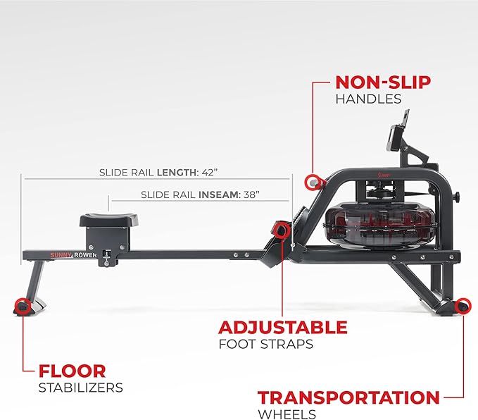 Sunny Health & Fitness AquaStrive Series Smart Water Rower, 300LB Capacity Plus Dynamic Hydro Resistance for Home Cardio Workout, Free SunnyFit Training App Connection