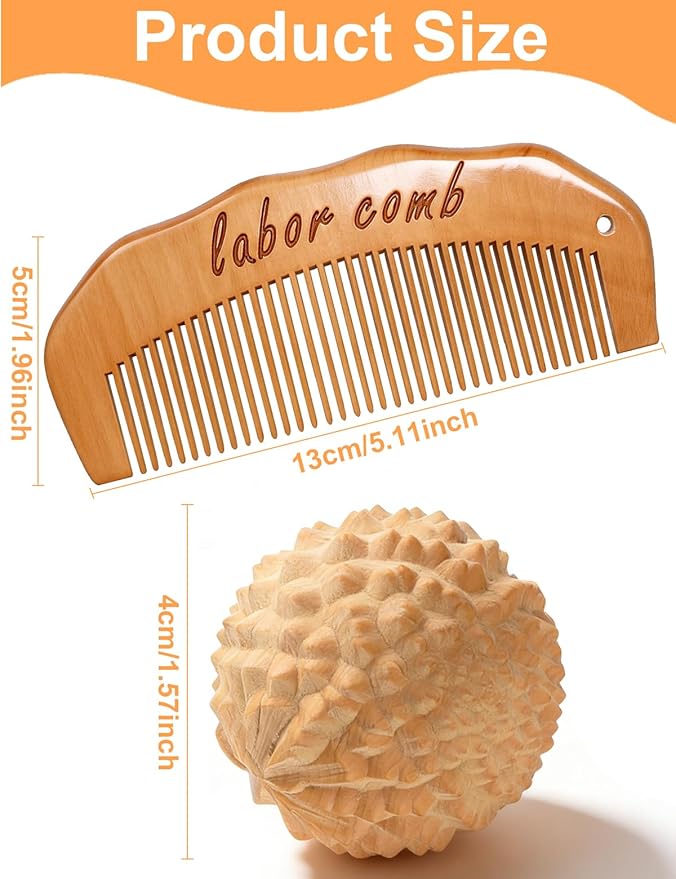 Bamboo Labor Comb Massage Ball Set for Labor Pain,Wooden Birthing Comb Perennial Massage Tool for Pregnancy,Postpartum Essentials Kit for New Mom,Labor and Delivery Essentials