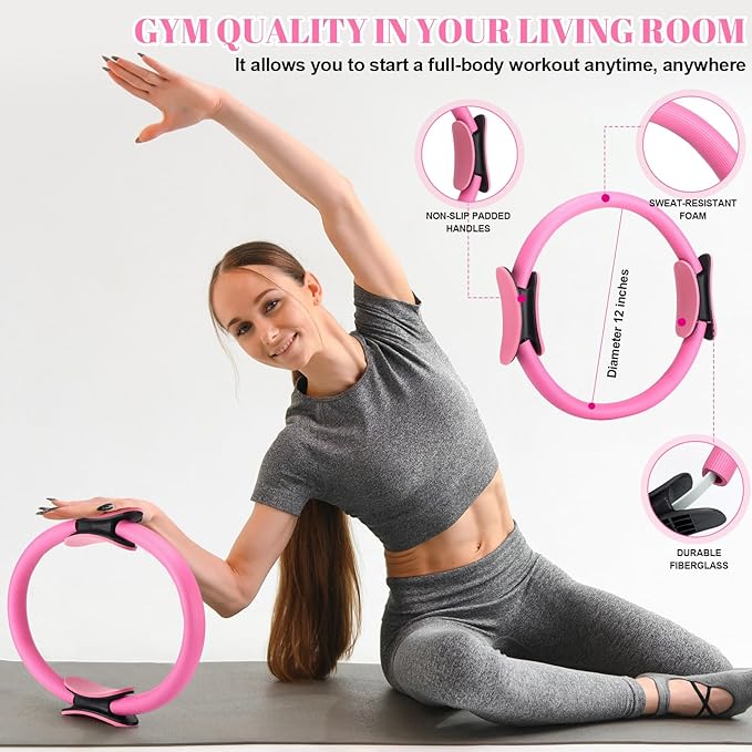 Pilates Ring Circle Set 15 Pcs Exercise Equipment Accessories for Women Workouts Pilates Ball Stretching Strap Gym Backpack Resistance Band Arm Stretcher for Training Body Shape