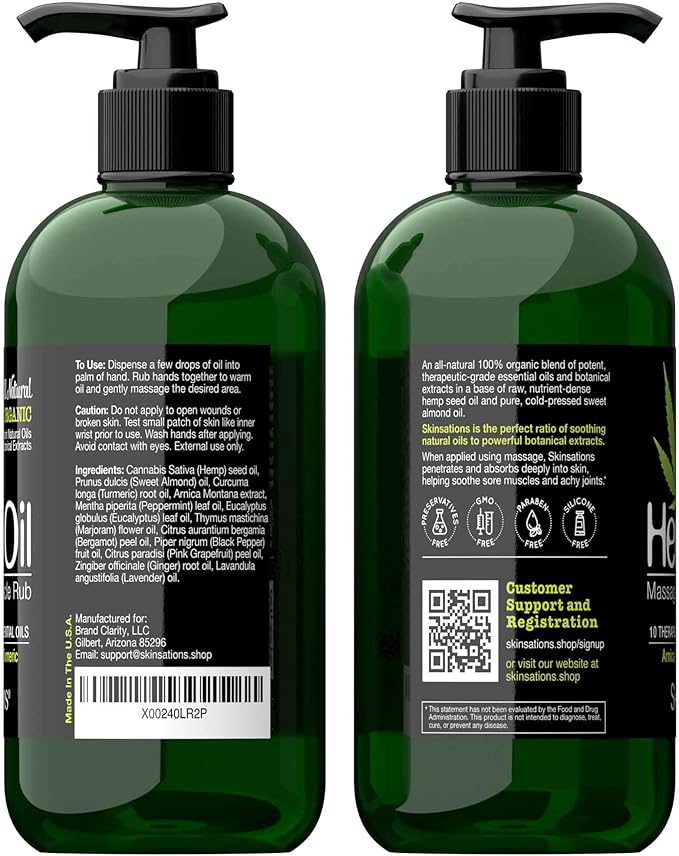 Skinsations - Hemp Massage Oil & Sore Muscle Rub – 100% Organic Relief with Arnica, Turmeric & 10 Essential Oils, Peppermint & Lavender in Sweet Almond & Hemp Seed Oil