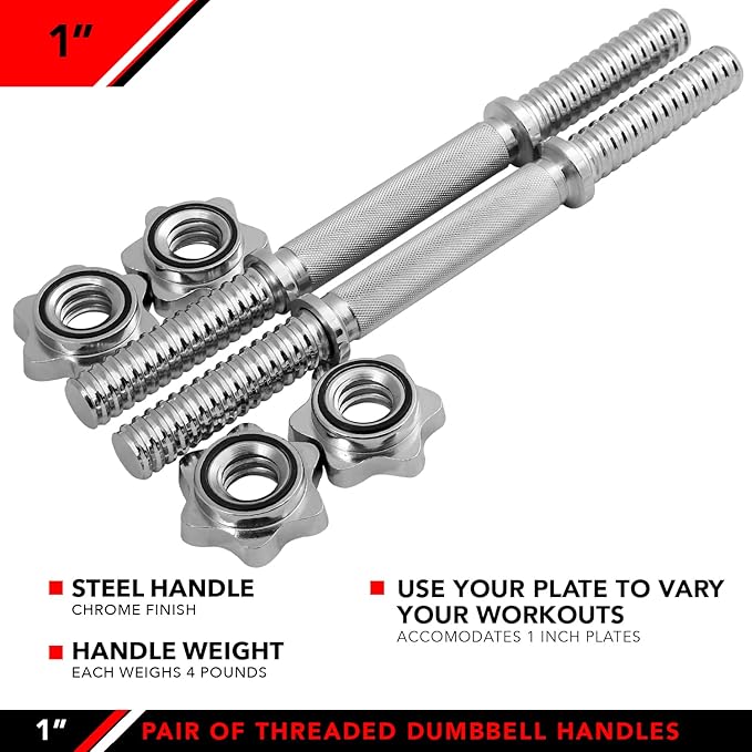 JFIT Threaded Dumbbell Handles, Set of 2, with Star Collars, Fits 1” Standard Plates