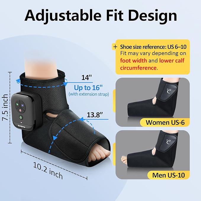 Comfytemp Air Compression Therapy Device K1007, Portable Foot Massager with Heat, Cordless Ankle Massage Boot for Pain Relief and Circulation, Ideal for Men Women Seniors (Fit Size 6 to 10)