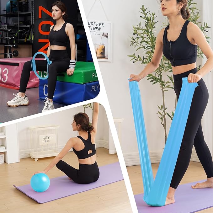 Tsikavo Pilates Ring, Pilates Ring Circle and Ball Set, 12 Inch Magic Circle Pilates Ring,9 Inch Small Exercise Ball,Resistance Bands Set, Home Pilates Equipment for Women