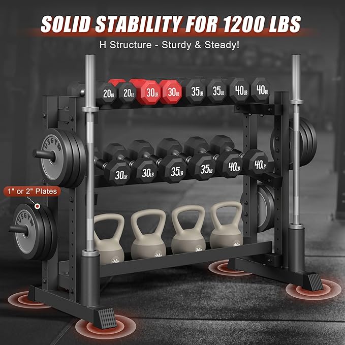 3-Tier Dumbbell Rack, 1200LB Capacity Adjustable Weight Rack for Home Gym, Heavy-Duty Weight Stand for Dumbbells Kettlebells & Weight Plates(Rack Only)
