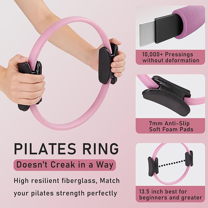 Pilates Ring Kit with Adjustable Ankle Wrist Weights, Resistance Bands, Ball, Pilates Equipment Ball for Home Workout to Tone, Sculpt and Strengthen, Fitness Magic Circle Rings for Yoga Women