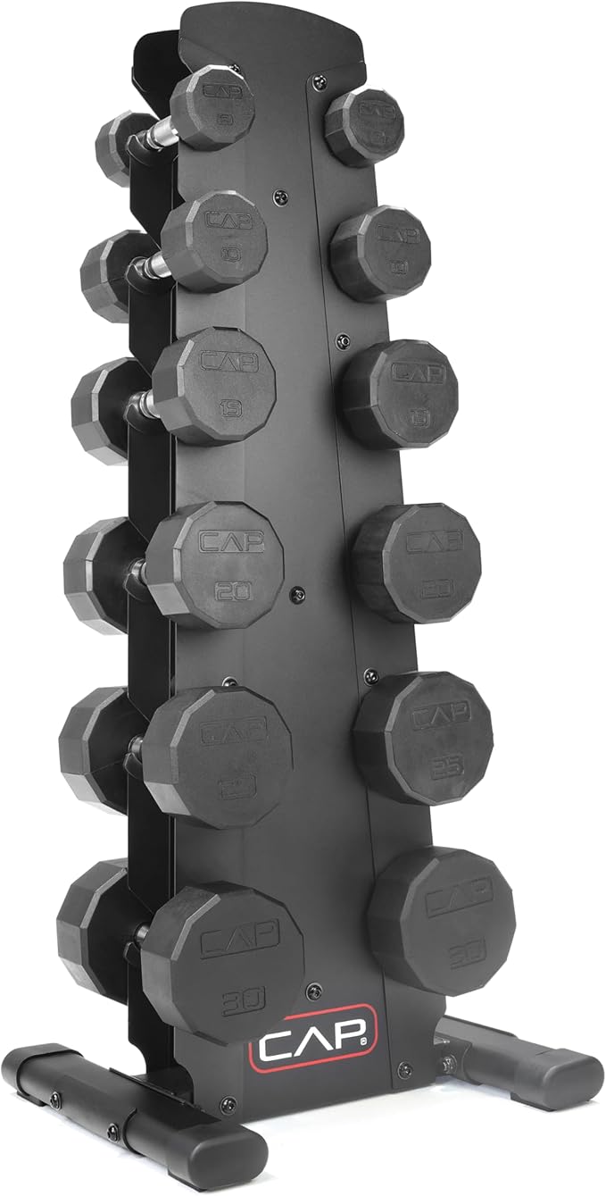 CAP Barbell Rubber Coated Dumbbell Weight Set with Vertical Rack | 100 lb, 150 lb, and 210 lb Options