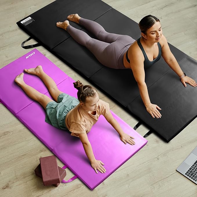 RitFit Upgraded Folding Exercise Mat, 2 Inch Thick Gymnastics Mat 3’x6’,4’x8’,4x10’,2'x8' with Carrying Handles for Yoga, MMA, Stretching, Core Workouts and Home Gym Protective Flooring