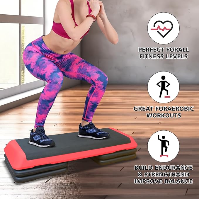 43'' Exercise Aerobic Step Platform, Adjustable Height 4-6-8in Exercise Stepper Workout with 4 Detachable Risers, Aerobics Stepper Workout Stepper for Home Gym Cardio Strength & Training