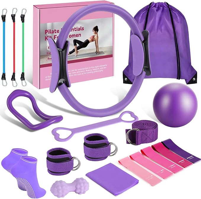 19 Pack Pilates Ring Set for Womem, Home Workout Equipment with 12 inch Magic Circle Pilates Ring and Ball Set, 5 Resistance Bands, Magic Circle, Grip Socks & Accessories for Full Body Toning