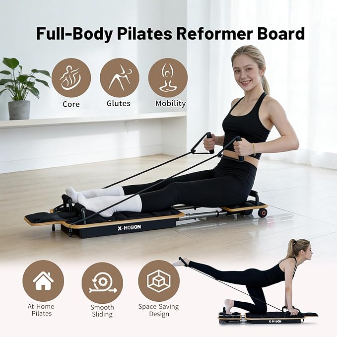 Pilates Board, Portable Pilates Reformer Board for Home, Full-Body Sliding Workout Board with Resistance Bands & Handles, Space-Saving, Up to 350 lbs