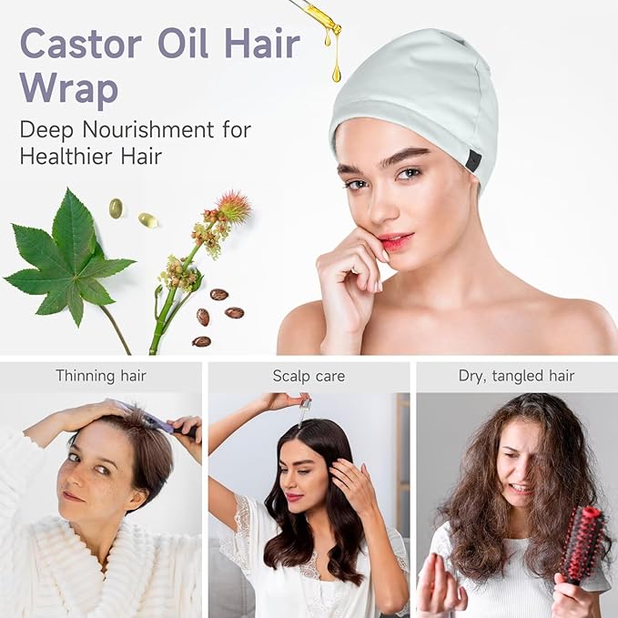 Castor Oil Pack Wrap Overnight Hair Wrap for Sleep Reusable Hair Cap Cover for Treatment of Thinning, Balding, Dry, and Damaged Hair (Oil Not Included)