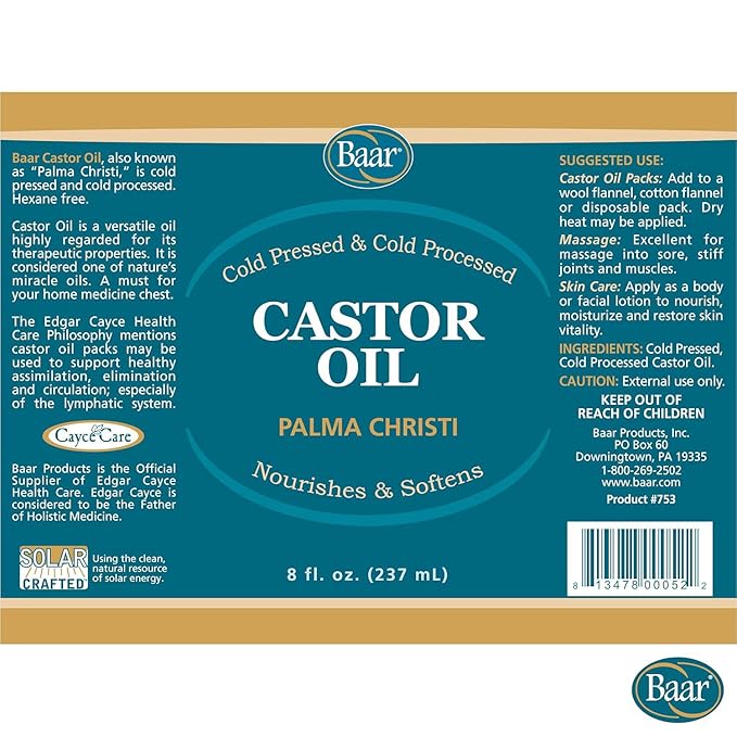 Baar Cold-Pressed Castor Oil, Cold-Processed, Hexane-Free, Palma Christi, for Skin, Hair, Massage & Castor Oil Packs, BPA-Free Bottle, 8 oz.
