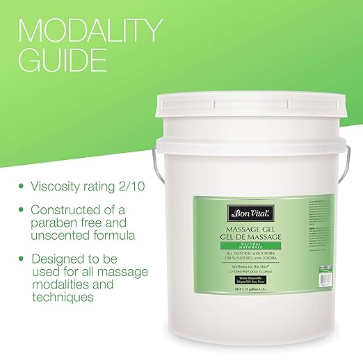 Bon Vital' Naturale Massage Gel, 5 Gallon Pail, Hypoallergenic & Paraben-Free, Natural Massage Lotion Alternative with Botanical Extracts, Lightweight & Non-Greasy Formula, for Sensitive Skin