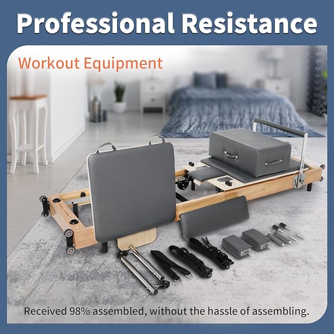 Pilates Reformer Machine,Oak Wood Home Pilates Equipment, Foldable Pilates Reformer with Reformer Box, Jump Board for Home Workouts and Body Exercises, Suits for Studio Gym Yoga