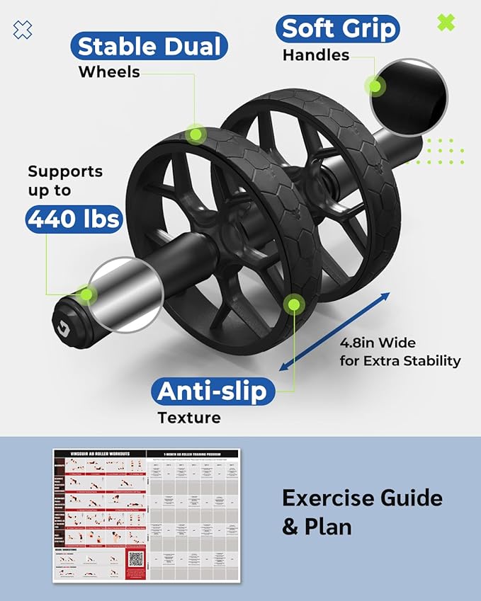 VINSGUIR Ab Roller Wheel for Beginners to Pros, Ab Roller with Adjustable & Detachable Resistance Band, Core Workout Equipment for Home Gym, Abdominal Wheel with Exercise Guide and Knee Pad, Men Women