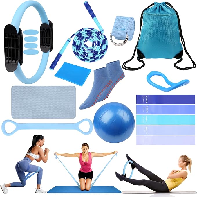 15 Pcs Home Pilates Essentials Kit for Women,Pilates Kit with 9 Inch Yoga Ball,Pilates Ring,Resistance Bands,Jump Rope,Workout Sets for Women,Pilates Equipment Set for Starter Toning Workout at Home