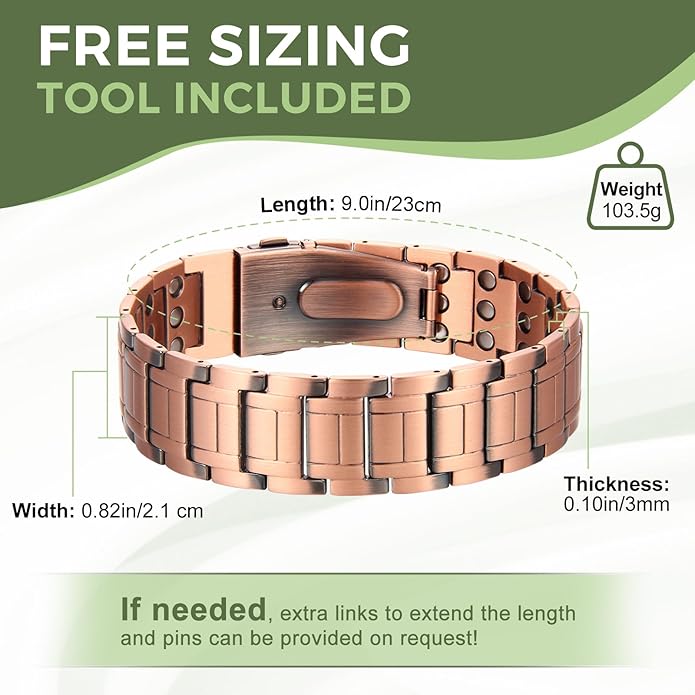 MagEnergy Copper Bracelet for Men, 3-Row Magnet Design, Ultra Strength Magnetic Bracelet 99.99% Pure Copper Wristband Adjustable Jewelry Gift with Sizing Tool