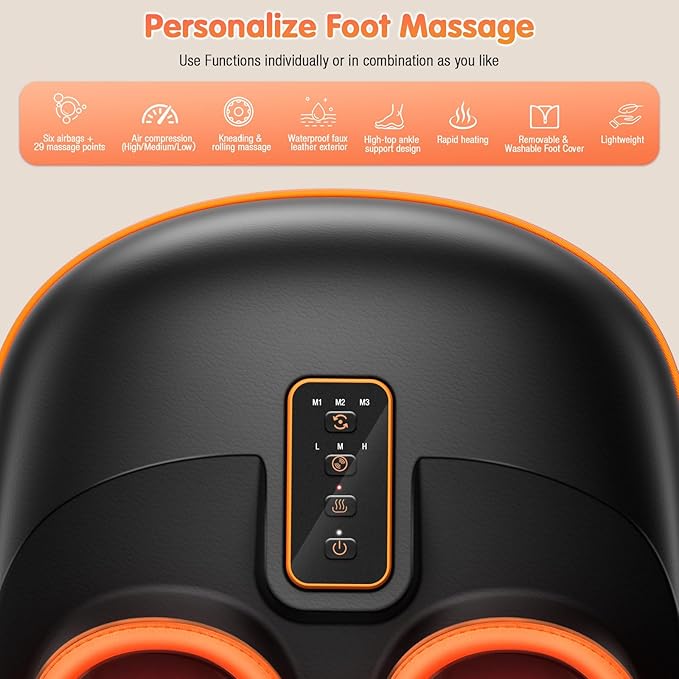 Foot Massager Machine with Heat, Upgrade 6 Airbags 29 Nodes Deep Rolling, Compression, Ankle Kneading, Shiatsu Foot Massager for Neuropathy Plantar Fasciitis, Gifts for Men Women Fits Up to 13"