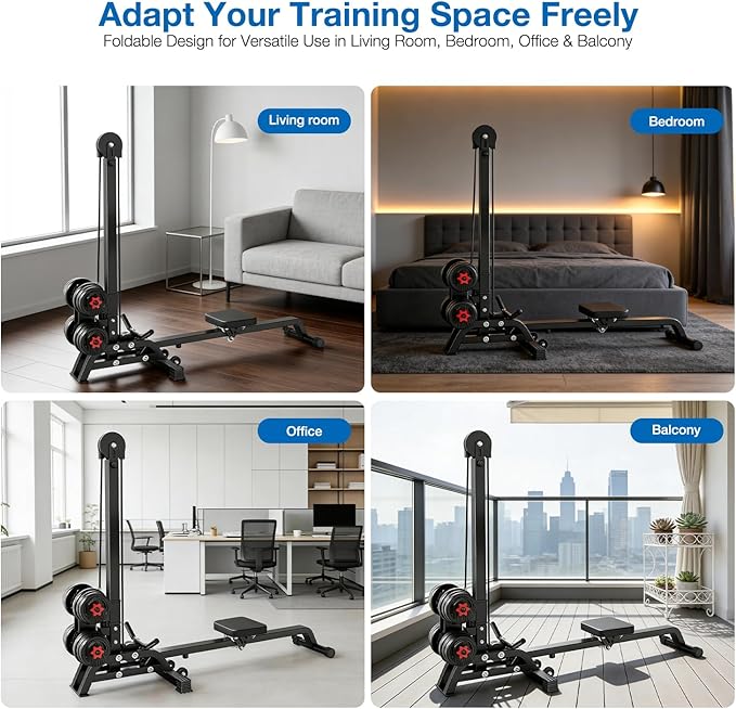 Foldable Multifunctional Rowing Machine, Dumbbell-Loaded Home Gym Equipment, Adjustable Resistance Strength & Cardio Trainer, Full Body Workout with Pull Down System (No Dumbbells Included)
