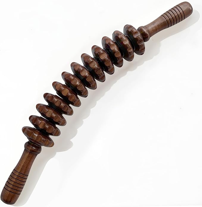 Wooden Curved Handheld Roller Massager Stick- 12 Rollers Wood Therapy Tool for Trigger Point, Fascia & Cellulite Reduction, Lymphatic Drainage, Muscle Tension Relief & Body Shaping (Brown)
