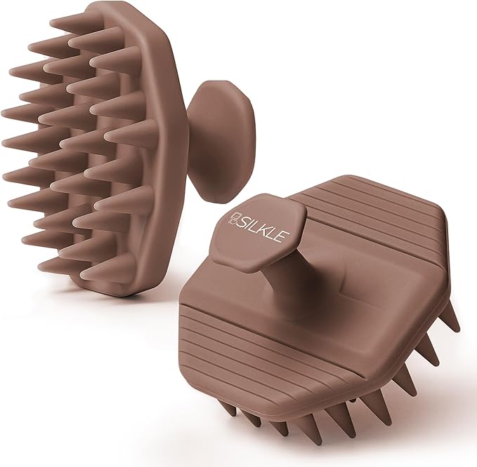 Scalp Massager Shampoo Brush – Silicone Scalp Scrubber for Hair Growth & Dandruff Removal, One-Piece, Non-Slip Handle, Soft Bristles, Wet/Dry Shower Scalp Exfoliator for All Hair Types – Brown