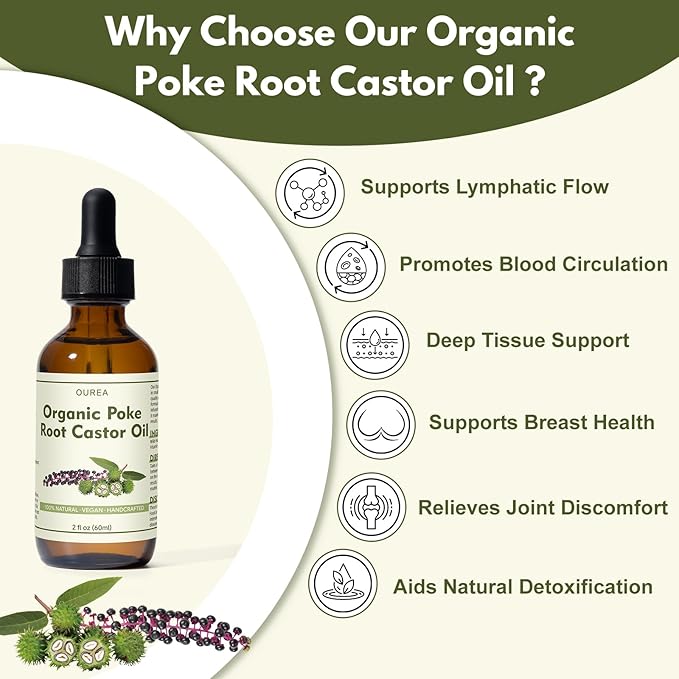 Poke Root Castor Oil Organic - 2 Fl Oz (60ML) - Lymphatic Support Massage Liquid, Natural Deep Tissue Relief Drops for Boils, Fibroids, Cysts, Swollen Lymph Nodes, Breast & Joint Health