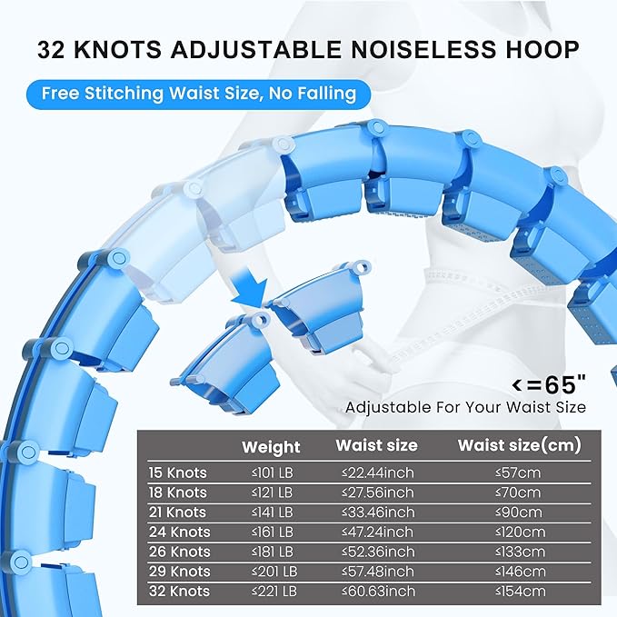 Plus Size Silent Weighted Hula Infinity Fitness Detachable Hoops 65-Inch 32 Knot, Smart Noiseless Infinity Hula for Women, Waist and Abdominal Home Weight Loss Exercise Fit Hoop