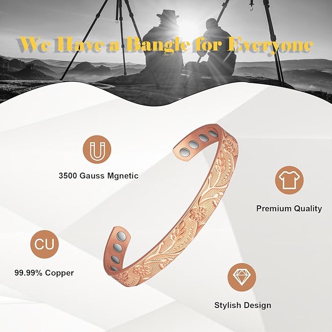 Copper Bracelet for Women, 6.5inch Pure Copper Flower Adjustable Bracelet with Magnets, Copper Jewelry Present（1042）