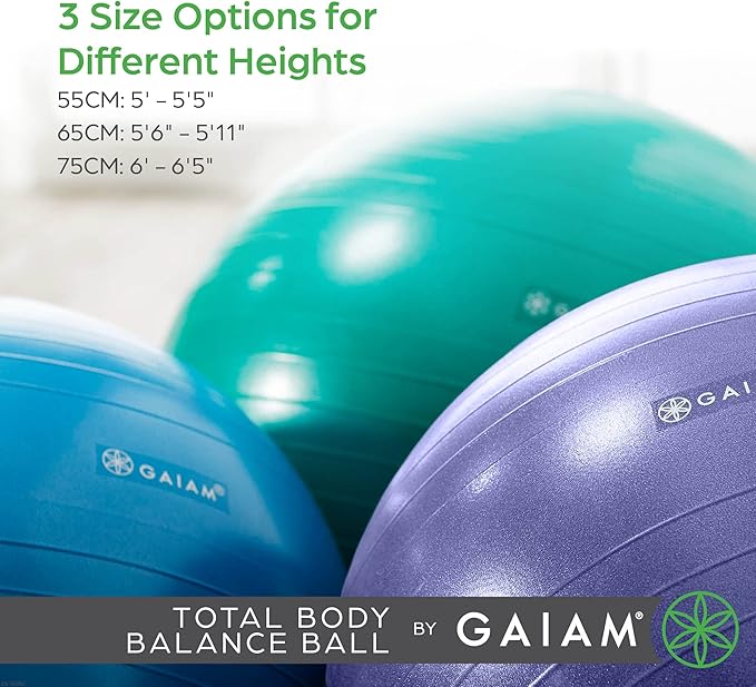 Gaiam Exercise Ball, Total Body Anti-Burst Balance Ball with Textured Grip, For Core Strength, Pregnancy Exercises, Yoga & Active Seating Included Air Pump