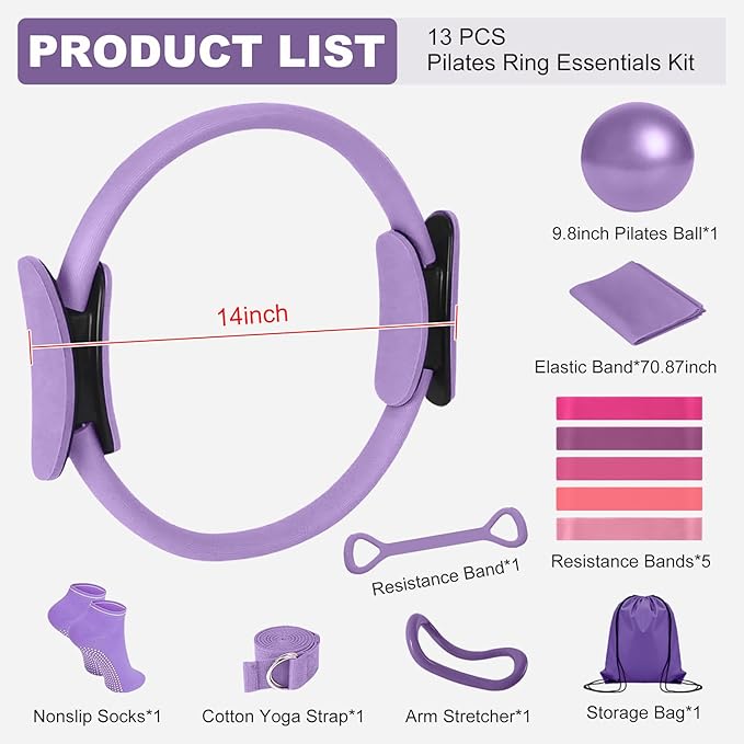 Home Pilates Kit for Women， Pilates Essentials Kit for Women，Pilates Equipment，14 Inch Fitness Circle, 9 Inch Yoga Ball 5 Resistance Bands for Beginners Home Workouts