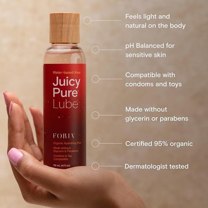FORIA Juicy Pure Lube Water-Based Hydrating Aloe Lube - 95% Organic, pH-Balanced Personal Lubricant for Men, Women & Couples - 4 fl oz (118 ml)