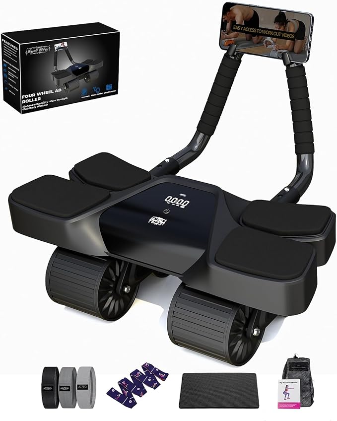 Ab Roller Home Gym Equipment – 4 Wheels Ab Wheel Muscle Roller with LCD Screen, Yoga Stretching Strap, 3 Resistance Bands – Comfortable Elbow Support with Non-Slip Handles – Time and Calorie Count