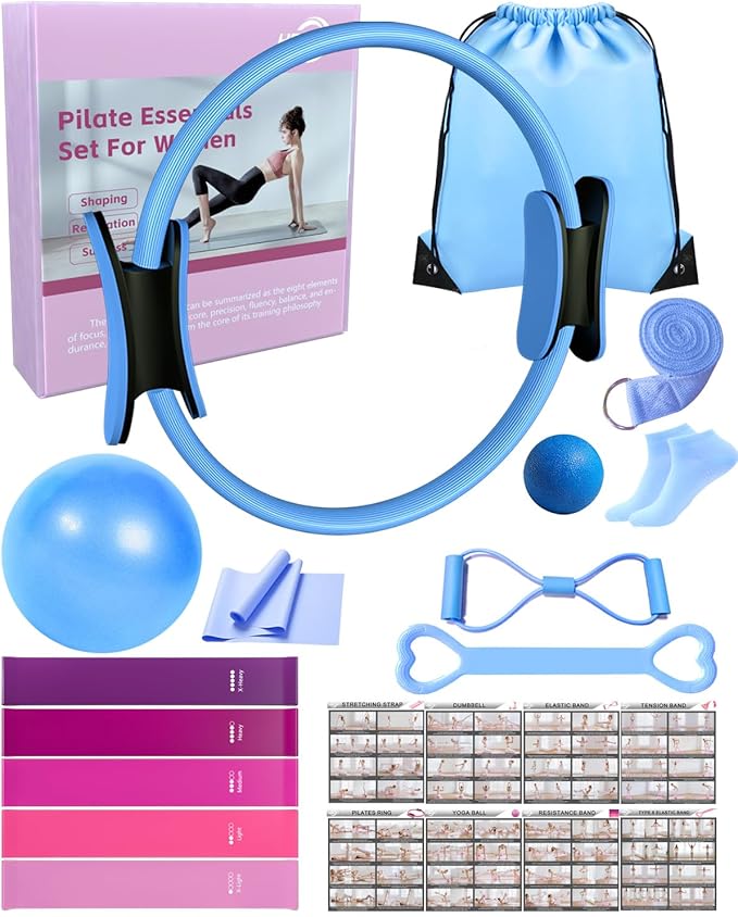 KABCON Pilates Kit for Home, Women Beginners Workout Essentials Set with 13" Ring, 9.8" Ball, Resistance Bands & Guide, 13/14/16 PCS Compact Pilates Equipment