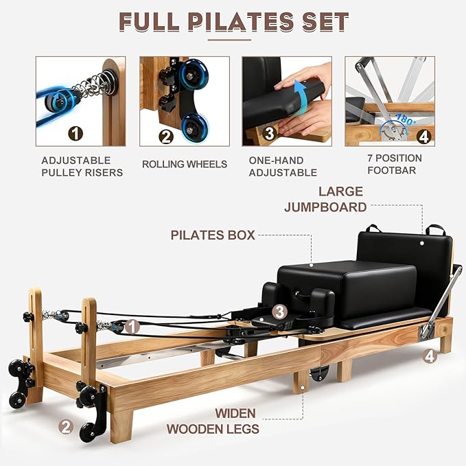 Pilates Reformer Machine, 95" Foldable Studio Grade Pilates Equipment with Adjustable Reformer Heights for Gym, Studio and Home, Oak Wood Pilates Reformer with Jump Board
