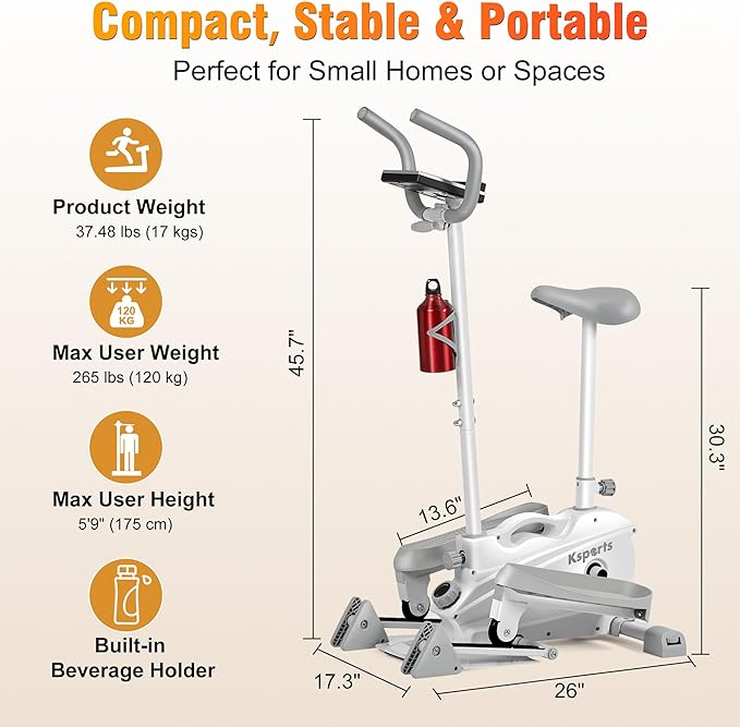 Ksports Mini Elliptical with Optional Handles & Seat, 3 Levels Manual Incline, Quiet Infinite Adjustable Magnetic Resistance, and LED Display – Joint-Friendly and Versatile Design