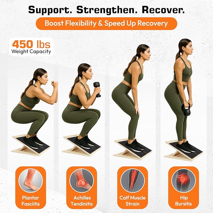 Adjustable Wooden Slant Board for Calf Stretching – Incline Wedge for Ankle,Heel,Knee & Leg Pain Relief – Squat Equipment for Physical Therapy & Home Gym-2 Extra Sand Papers,Carry Bag & Mini Loop Band