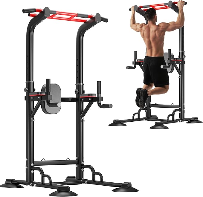 DlandHome Pull Up Bar Power Tower Dip Station, Height Adjustable Heavy Duty Workout Dip Stand, Multi-Functional Strength Training Machine for Men Women Home Gym