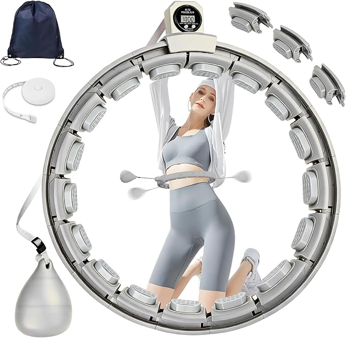 Smart Silent Weighted Exercise Infinity Hoop - Patent Pending (80% Quieter + Auto Count), Adjustable 30"-50" Fitness Hoop for Adults, Core Ab Workout with Infinity Hoop Circle for Women & Men (Grey)