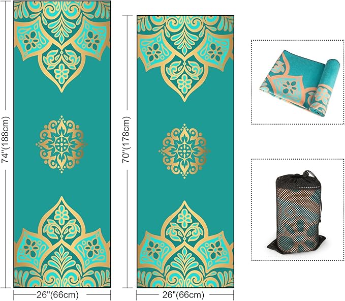 Colorful Star Yoga Towel with Corner Pockets, Non Slip Grip Dots Absorbent Hot Yoga Mat Towels, Yoga Blankets with Travel Bag, Mat Cover for Workout, Gym, Fitness - 70"x26", Turquoise Gold Mandala