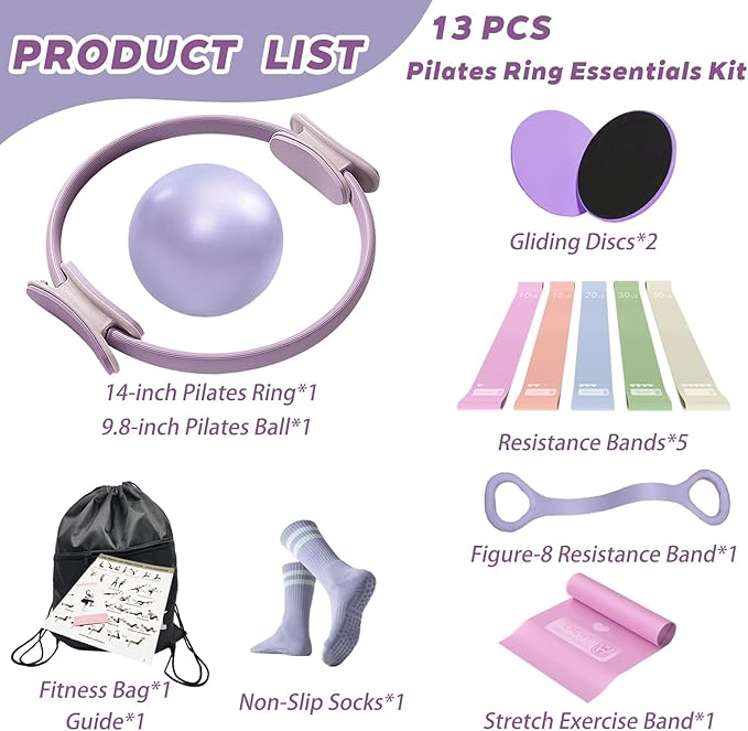 Pilates Essentials Kit for Women, Yoga Exercise Equipment Set for Home Workouts with Mini Ball, Resistance Bands, Sliding Disks & Accessories - Fitness Set for Yoga & Pilates Beginners