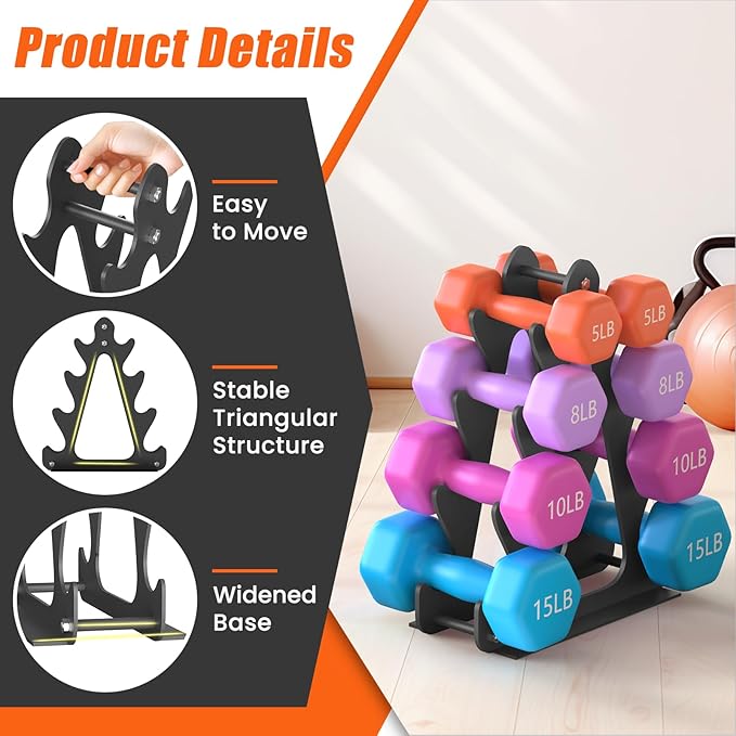 4-Tier Dumbbell Rack for 1-15 lb Weights, Holds 5 Pairs Space-Saving Sturdy A-Frame Stand for Home Gym, Weight Rack for Women's Dumbbell Set (Dumbbell Rack Stand Only)